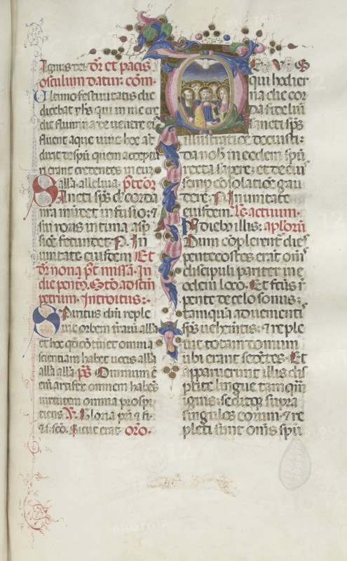 Missale: Fol. 214: Pentecost, 1469. Bartolommeo Caporali (Italian, c. 1420-1503), assisted by Giapeco Caporali (Italian, d. 1478). Ink, tempera and burnished gold on vellum ; overall: 35 x 25 cm (13 3/4 x 9 13/16 in.)