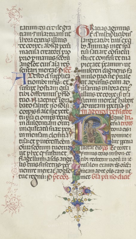 Missale: Fol. 387v: Death represented as a Skeleton with a Sickle, 1469. Bartolommeo Caporali (Italian, c. 1420-1503), assisted by Giapeco Caporali (Italian, d. 1478). Ink, tempera and burnished gold on vellum ; overall: 35 x 25 cm (13 3/4 x 9 13/16 in.).