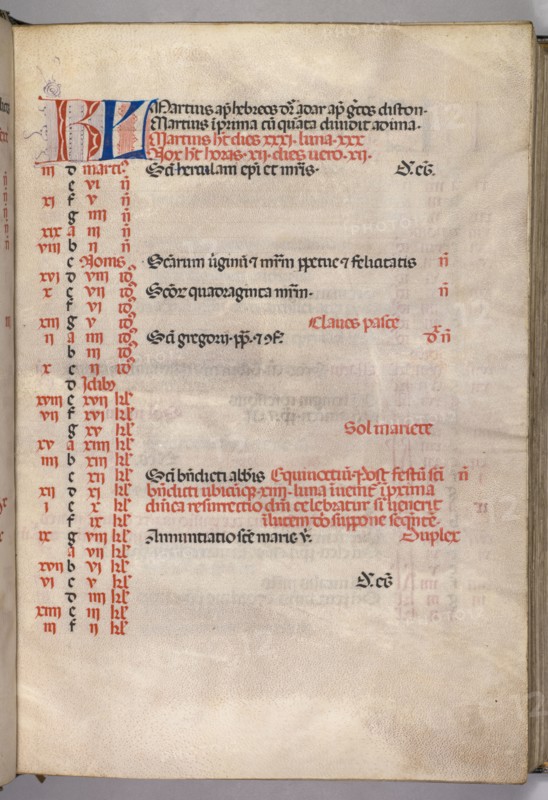 Missale: Fol. 4r: March Calendar Page, 1469. Bartolommeo Caporali (Italian, c. 1420-1503), assisted by Giapeco Caporali (Italian, d. 1478). Ink, tempera and burnished gold on vellum ; overall: 35 x 25 cm (13 3/4 x 9 13/16 in.).