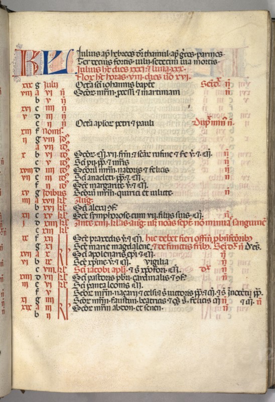 Missale: Fol. 6r: July Calendar Page, 1469. Bartolommeo Caporali (Italian, c. 1420-1503), assisted by Giapeco Caporali (Italian, d. 1478). Ink, tempera and burnished gold on vellum ; overall: 35 x 25 cm (13 3/4 x 9 13/16 in.)