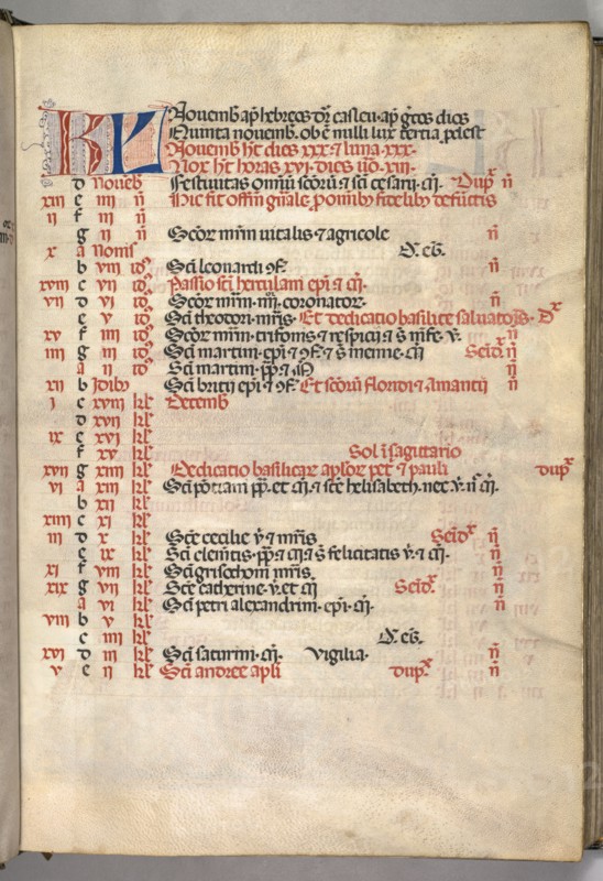 Missale: Fol. 8r: November Calendar Page, 1469. Bartolommeo Caporali (Italian, c. 1420-1503), assisted by Giapeco Caporali (Italian, d. 1478). Ink, tempera and burnished gold on vellum ; overall: 35 x 25 cm (13 3/4 x 9 13/16 in.)