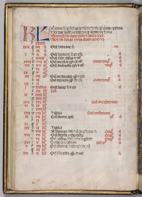 Missale: Fol. 8v: December Calendar Page, 1469. Bartolommeo Caporali (Italian, c. 1420-1503), assisted by Giapeco Caporali (Italian, d. 1478). Ink, tempera and burnished gold on vellum ; overall: 35 x 25 cm (13 3/4 x 9 13/16 in.)