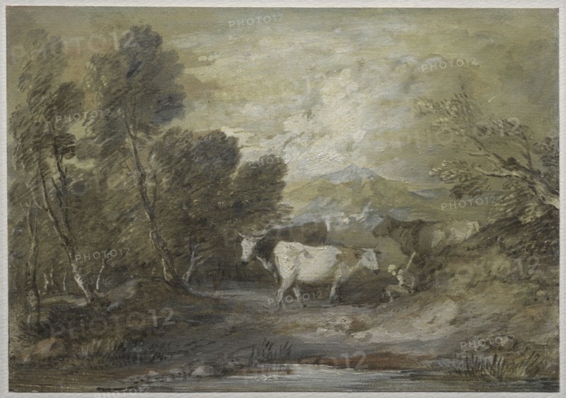 A Herdsman with Three Cows by an Upland Pool, mid 1780s. Thomas Gainsborough (British, 1727-1788). Watercolor, ink and oil paint heightened with white chalk ("Bristol lead white") on paper and varnished overall; sheet: 21.9 x 31.3 cm (8 5/8 x 12 5/16 in.).