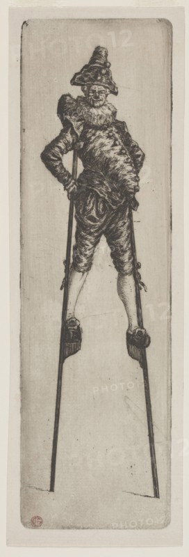 Punchinello on Stilts, c. 1888. Henri Charles Guérard (French, 1846-1897). Etching; sheet: 27.5 x 8.9 cm (10 13/16 x 3 1/2 in.); platemark: 26.2 x 7.7 cm (10 5/16 x 3 1/16 in.)