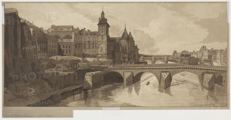 Selection of Twenty of the Most Picturesque Views in Paris:View of Pont au Change, 1802. Thomas Girtin (British, 1775-1802), Frederick Christian Lewis (British, 1779-1856). Softground etching and aquatint printed in brown ; sheet: 25.6 x 50.1 cm (10 1/16 x 19 3/4 in.); image: 22.9 x 49.1 cm (9 x 19 5/16 in.).
