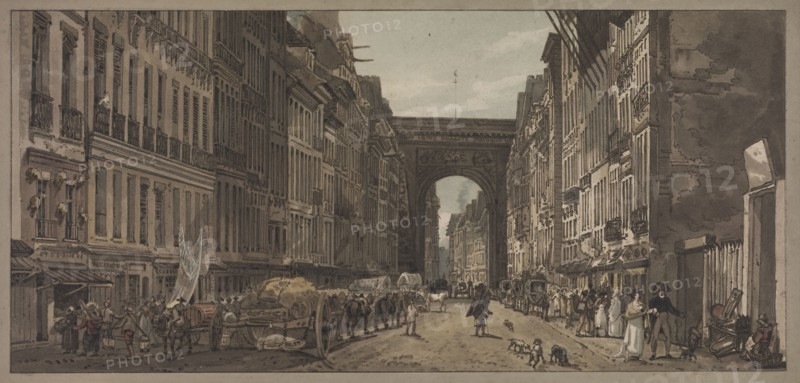 A Selection of Twenty of the Most Picturesque Views in Paris: View of the Gate of St. Denis taken from the Suburbs, 1803. Thomas Girtin (British, 1775-1802), Frederick Christian Lewis (British, 1779-1856). Softground etching and aquatint, hand-colored with watercolor; sheet: 27.5 x 52.4 cm (10 13/16 x 20 5/8 in.); image: 23 x 49.3 cm (9 1/16 x 19 7/16 in.)