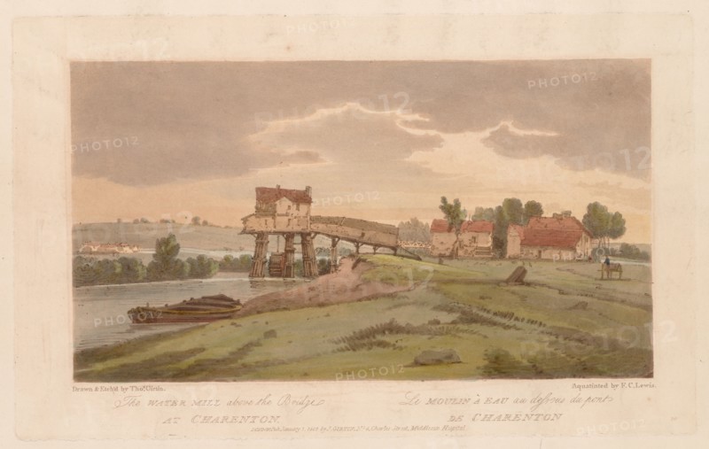 A Selection of Twenty of the Most Picturesque Views in Paris: The Water Mill above the Bridge at Charenton, 1803, printed 1810 or after. Thomas Girtin (British, 1775-1802), Frederick Christian Lewis (British, 1779-1856). Softground etching and aquatint printed in brown, hand-colored with watercolor; sheet: 45.5 x 63.7 cm (17 15/16 x 25 1/16 in.); platemark: 20.6 x 33 cm (8 1/8 x 13 in.).