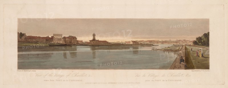 A Selection of Twenty of the Most Picturesque Views in Paris: View of the Village of Chaillot, &c Taken from Pont de la Concorde, 1803, printed 1810 or after. Thomas Girtin (British, 1775-1802), Frederick Christian Lewis (British, 1779-1856). Softground etching and aquatint printed in brown, hand-colored with watercolor; sheet: 45 x 64.3 cm (17 11/16 x 25 5/16 in.); platemark: 20.1 x 55.1 cm (7 15/16 x 21 11/16 in.).