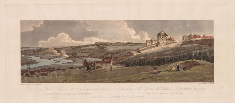 A Selection of Twenty of the Most Picturesque Views in Paris: View from Palace Terrace, at St. Germain en Laye, the Aquaduct of Marli seen in the Distance, 1803, printed 1810 or after. Thomas Girtin (British, 1775-1802), Joseph Constantine Stadler (German). Softground etching and aquatint printed in brown, hand-colored with watercolor; sheet: 45.3 x 64.2 cm (17 13/16 x 25 1/4 in.); platemark: 22.6 x 53.7 cm (8 7/8 x 21 1/8 in.).