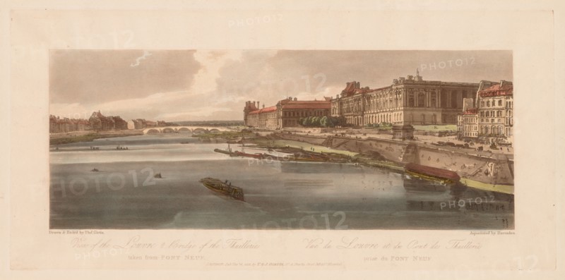 A Selection of Twenty of the Most Picturesque Views in Paris: View of the Louvre & Bridge of the Thuilleries taken from Pont Neuf, 1802. Thomas Girtin (British, 1775-1802), J.B. Harraden (British). Softground etching and aquatint printed in brown, hand-colored with watercolor; sheet: 37.7 x 62.8 cm (14 13/16 x 24 3/4 in.); platemark: 25.1 x 52.6 cm (9 7/8 x 20 11/16 in.)