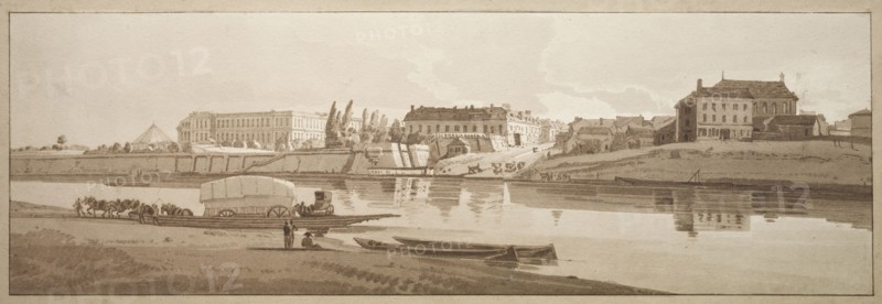 A Selection of Twenty of the Most Picturesque Views in Paris: View of the Palace & Village of Choisi on the Banks of the Seine, 1802. Thomas Girtin (British, 1775-1802), Frederick Christian Lewis (British, 1779-1856). Softground etching and aquatint printed in brown; sheet: 21.5 x 51.7 cm (8 7/16 x 20 3/8 in.); image: 15 x 46 cm (5 7/8 x 18 1/8 in.).