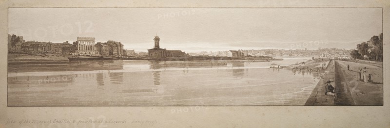 A Selection of Twenty of the Most Picturesque Views in Paris: View of the Village of Chaillot, &c taken from Pont de la Concorde, 1802. Thomas Girtin (British, 1775-1802), Frederick Christian Lewis (British, 1779-1856). Softground etching and aquatint, printed in brown; sheet: 18.1 x 51.2 cm (7 1/8 x 20 3/16 in.); image: 5 x 19 cm (1 15/16 x 7 1/2 in.).