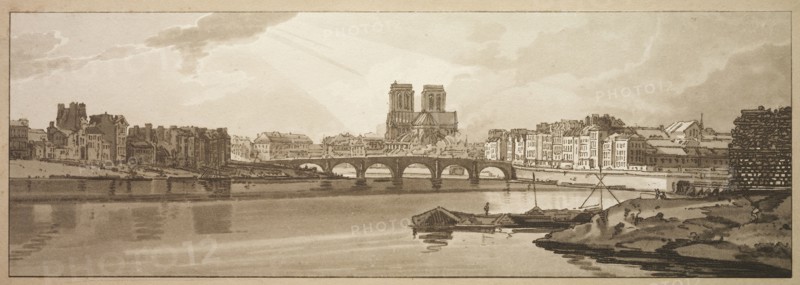 A Selection of Twenty of the Most Picturesque Views in Paris: View of Pont de la Tournelle & Notre Dame taken from the Arsenal, 1802. Thomas Girtin (British, 1775-1802), Frederick Christian Lewis (British, 1779-1856). Softground etching and aquatint printed in brown; sheet: 19.9 x 48.7 cm (7 13/16 x 19 3/16 in.); image: 15.1 x 44.5 cm (5 15/16 x 17 1/2 in.).