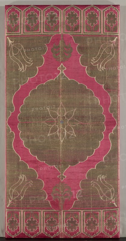 Brocaded Silk Cushion Cover & Iranian Striped Silk Surround, early 1600s. Turkey, Bursa or Istanbul, Ottoman period. Silk, gilt-metal thread; lampas weave; overall: 141 x 68.4 cm (55 1/2 x 26 15/16 in.)