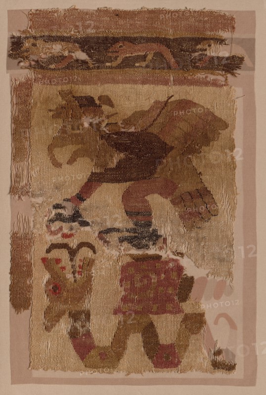 Textile Fragment, c. 50-650. Peru, Moche, north coast, 1st-7th century. Cotton and camelid fiber; overall: 40 x 25.4 cm (15 3/4 x 10 in.); mounted: 60.6 x 41.6 cm (23 7/8 x 16 3/8 in.)