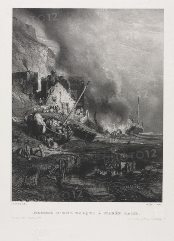 Six Marines: Refitting of a Boat at Low Tide, 1833. Eugène Isabey (French, 1803-1886), Morlot, Paris and McLean. Lithograph on chine collé; sheet: 55.9 x 36.4 cm (22 x 14 5/16 in.); platemark: 31.5 x 24.8 cm (12 3/8 x 9 3/4 in.)