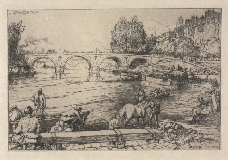 Published in Studio: The Watering Place at Marie Bridge , 1902. Auguste Louis Lepère (French, 1849-1918). Etching; sheet: 23 x 29.9 cm (9 1/16 x 11 3/4 in.); platemark: 20.1 x 27 cm (7 15/16 x 10 5/8 in.).