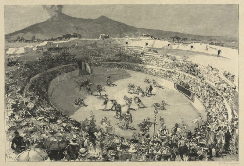 Le Monde Illustré, May 24, 1884.  Engraved with the collaboration of B.D.V. (Tony Beltrand, Dèté, and Florian: Italy. The Festival of Pompei, The circus of gladiators, 1884. Auguste Louis Lepère (French, 1849-1918). Wood engraving; sheet: 32.2 x 46.7 cm (12 11/16 x 18 3/8 in.); platemark: 21 x 31.5 cm (8 1/4 x 12 3/8 in.)