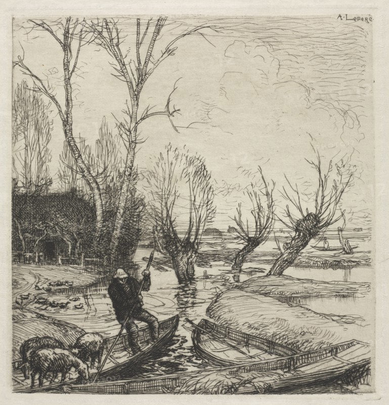 [Man in a Boat with Three Sheep]. Auguste Louis Lepère (French, 1849-1918). Etching; sheet: 32 x 24.5 cm (12 5/8 x 9 5/8 in.); platemark: 18.6 x 17.8 cm (7 5/16 x 7 in.)