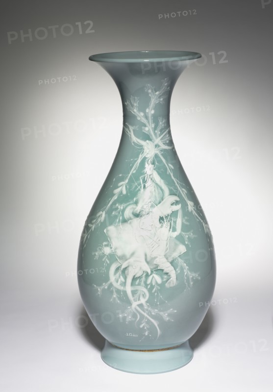 Vase Bertin, c. 1855. Jules-Constant Peyre (French, 1811-), Léopold Jules Gély (French), Sèvres Porcelain Manufactory (French, est. 1740). Porcelain with pâte-sur-pâte decoration; diameter: 45.8 cm (18 1/16 in.); overall: 99 cm (39 in.).
