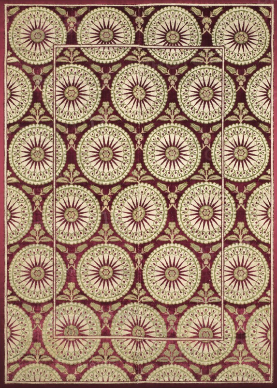 Brocaded velvet cover with sunbursts, early 1600s. Turkey, Istanbul or Bursa. Velvet, brocaded: silk, gilt- and silver-metal thread, and cotton; overall: 180.7 x 128.3 cm (71 1/8 x 50 1/2 in.); mounted: 185.4 x 134 cm (73 x 52 3/4 in.)