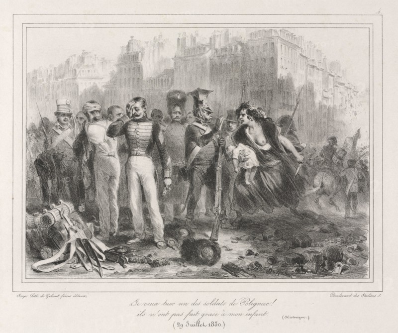 Album of 1831: I want to kill one of Polignac's soldiers.  They did not spare my child (Historic), 1830. Auguste Raffet (French, 1804-1860). Lithograph; sheet: 27.7 x 36.3 cm (10 7/8 x 14 5/16 in.); image: 18 x 24.6 cm (7 1/16 x 9 11/16 in.).