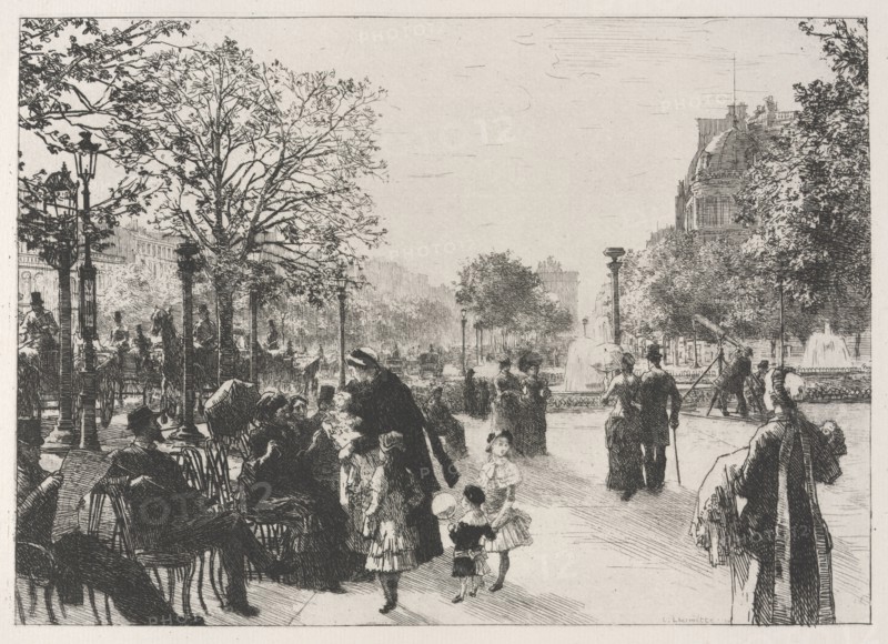 Tuileries Gardens. Léon Augustin Lhermitte (French, 1844-1925). Etching; sheet: 26.1 x 36.3 cm (10 1/4 x 14 5/16 in.); platemark: 20 x 25.3 cm (7 7/8 x 9 15/16 in.)