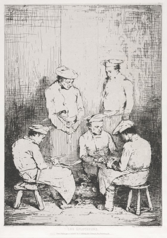 The Potato Peelers. Théodule Ribot (French, 1823-1891), A. Cadart & F. Chevalier, rue Richelieu, 66. Etching on chine collé; sheet: 43.5 x 29.3 cm (17 1/8 x 11 9/16 in.); platemark: 31.8 x 24 cm (12 1/2 x 9 7/16 in.)