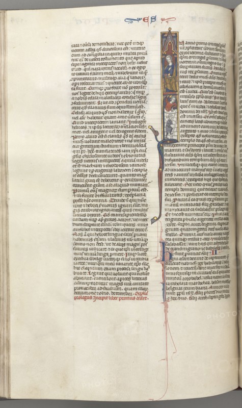 Fol. 174v, Ezra, historiated initial I, Cyrus directing the building of the Temple, c. 1275-1300. Southern France, Toulouse(?), 13th century. Bound illuminated manuscript in Latin; brown morocco binding; ink, tempera and gold on vellum; 533 leaves
