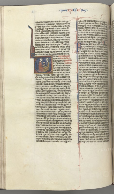 Fol. 178v, Nehemiah, historiated initial V, Nehemiah presenting the golden cup to Artaxerxes, c. 1275-1300. Southern France, Toulouse(?), 13th century. Bound illuminated manuscript in Latin; brown morocco binding; ink, tempera and gold on vellum; 533 leaves