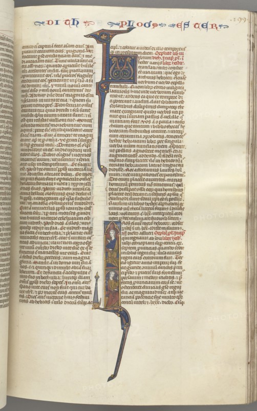 Fol. 199r, Esther, historiated initial, two seated male figures, c. 1275-1300. Southern France, Toulouse(?), 13th century. Bound illuminated manuscript in Latin; brown morocco binding; ink, tempera and gold on vellum; 533 leaves