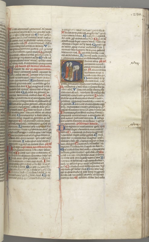 Fol. 230r, Psalm 97, historiated initial C, two clerics singing at a lectern.