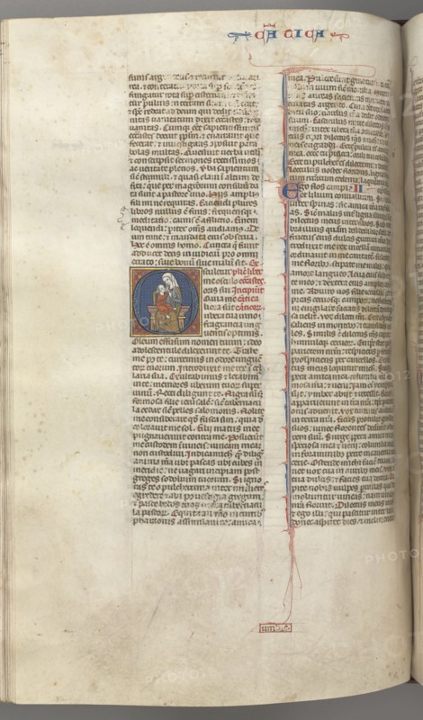 Fol. 249v, Song of Songs, historiated initial O, theVirgin and Child, c. 1275-1300. Southern France, Toulouse(?), 13th century. Bound illuminated manuscript in Latin; brown morocco binding; ink, tempera and gold on vellum; 533 leaves