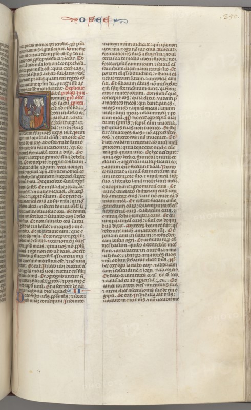 Fol. 350r, Hosea, historiated initial V, Hosea preaching to three men