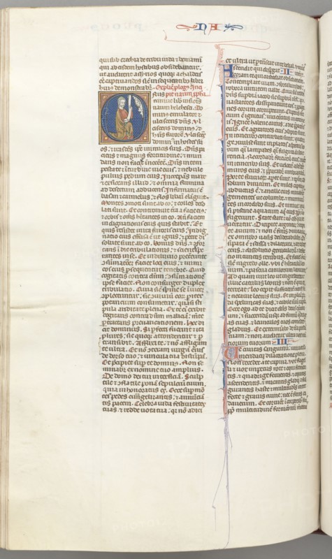 Fol. 360v, Nahum, historiated initial O, Nahum kneeling with a scroll, bust of God above, c. 1275-1300. Southern France, Toulouse(?), 13th century. Bound illuminated manuscript in Latin; brown morocco binding; ink, tempera and gold on vellum; 533 leaves