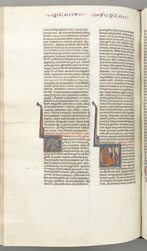 Fol. 362v, Zephaniah, historiated initial V, Zephaniah kneeling with a scroll, bust of God above, c. 1275-1300. Southern France, Toulouse(?), 13th century. Bound illuminated manuscript in Latin; brown morocco binding; ink, tempera and gold on vellum; 533 leaves