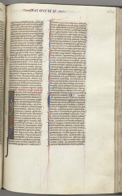 Fol. 364r, Haggai, historiated initial I, Haggai with a scroll standing on a hybrid, c. 1275-1300. Southern France, Toulouse(?), 13th century. Bound illuminated manuscript in Latin; brown morocco binding; ink, tempera and gold on vellum; 533 leaves