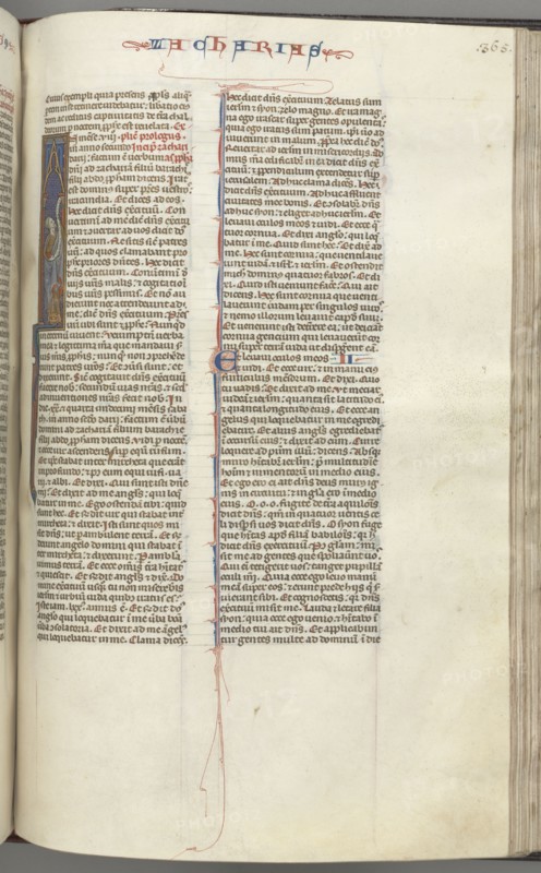 Fol. 365r, Zachariah, historiated initial I, Zachariah standing with a scroll, c. 1275-1300. Southern France, Toulouse(?), 13th century. Bound illuminated manuscript in Latin; brown morocco binding; ink, tempera and gold on vellum; 533 leaves