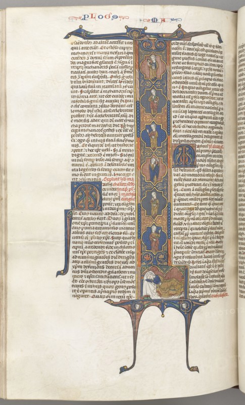 Fol. 391v, Matthew, full-length historiated initial L, the Tree of Jesse, with a sleeping Jesse at the base and six of the ancestors of Christ in irregular compartments, c. 1275-1300. Southern France, Toulouse(?), 13th century. Bound illuminated manuscript in Latin; brown morocco binding; ink, tempera and gold on vellum; 533 leaves