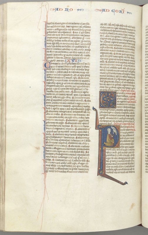 Fol. 440v, Corinthians I, historiated initial P, Paul kneeling talking to the bust of God above, c. 1275-1300. Southern France, Toulouse(?), 13th century. Bound illuminated manuscript in Latin; brown morocco binding; ink, tempera and gold on vellum; 533 leaves