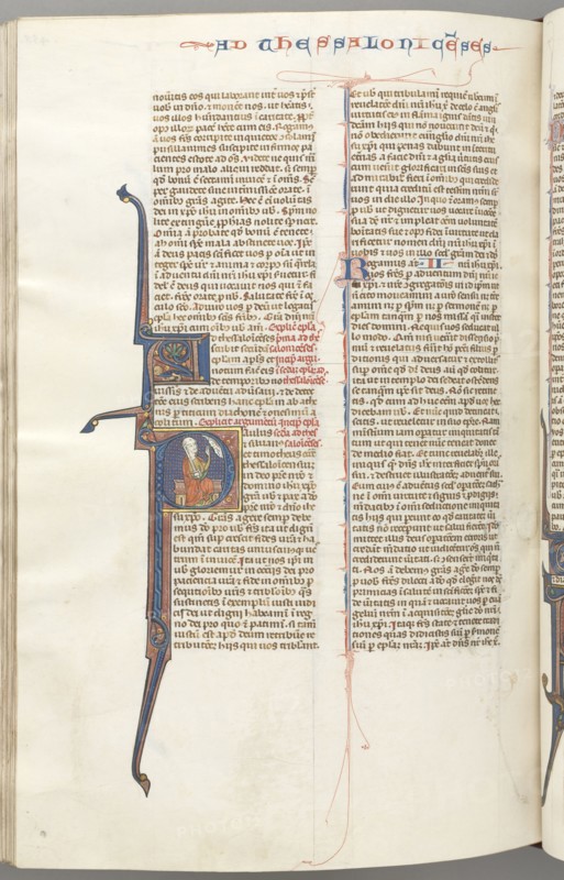 Fol. 455v, Thessalonians II, historiated initial P, Paul seated with a sword, talking to the bust of God above, c. 1275-1300. Southern France, Toulouse(?), 13th century. Bound illuminated manuscript in Latin; brown morocco binding; ink, tempera and gold on vellum; 533 leaves