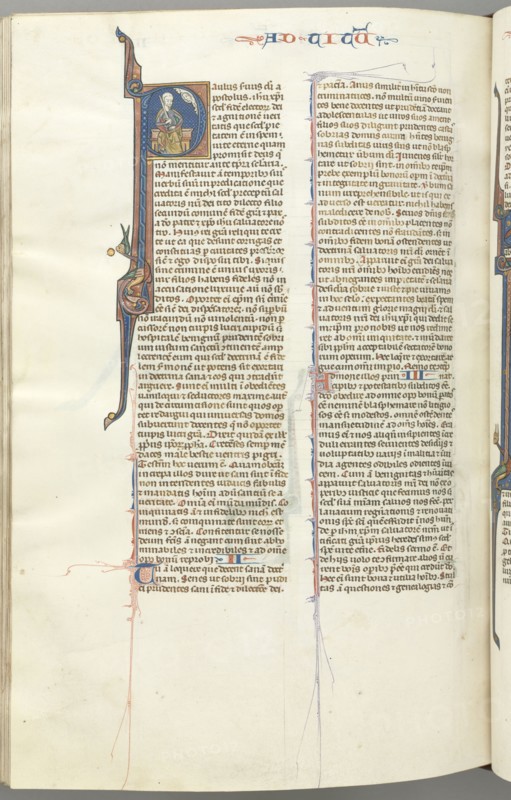Fol. 458v, Titus, historiated initial P, Paul seated with a sword, c. 1275-1300. Southern France, Toulouse(?), 13th century. Bound illuminated manuscript in Latin; brown morocco binding; ink, tempera and gold on vellum; 533 leaves