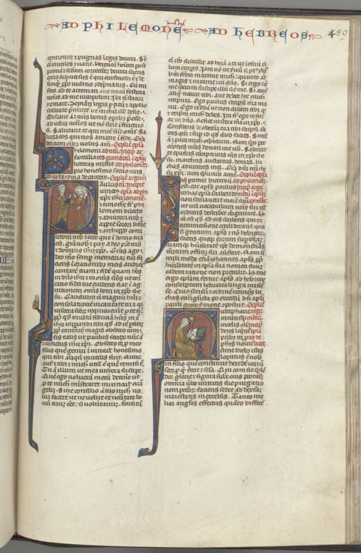 Fol. 459r, Philemon, historiated initial P, Paul addressing three men and Hebrews, historiated initial M, Paul seated at a desk, writing, c. 1275-1300. Southern France, Toulouse(?), 13th century. Bound illuminated manuscript in Latin; brown morocco binding; ink, tempera and gold on vellum; 533 leaves