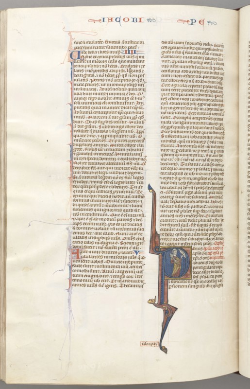 Fol. 477v, Peter, historiated initial P, Peter with a key, talking to the bust of God above, c. 1275-1300. Southern France, Toulouse(?), 13th century. Bound illuminated manuscript in Latin; brown morocco binding; ink, tempera and gold on vellum; 533 leaves