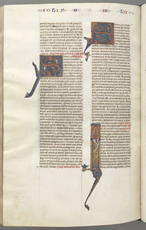 Fol. 481v, Jude, historiated initial I, Jude standing with a scroll, c. 1275-1300. Southern France, Toulouse(?), 13th century. Bound illuminated manuscript in Latin; brown morocco binding; ink, tempera and gold on vellum; 533 leaves