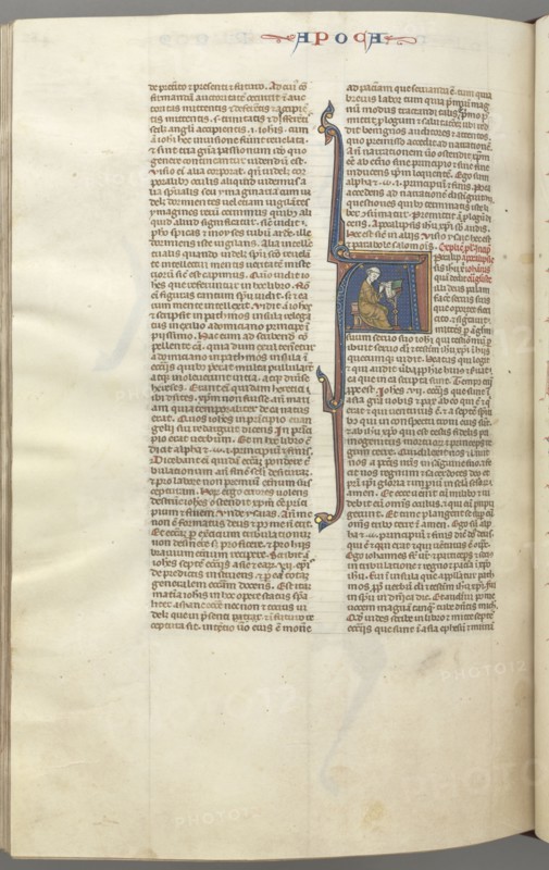 Fol. 482v, Revelations, historiated initial A, John seated at a desk writing to the Seven Churches of Asia, c. 1275-1300. Southern France, Toulouse(?), 13th century. Bound illuminated manuscript in Latin; brown morocco binding; ink, tempera and gold on vellum; 533 leaves