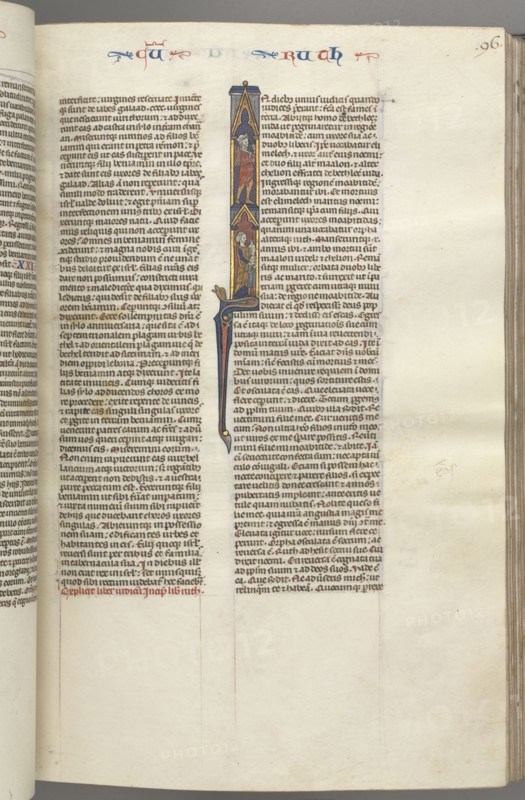 Fol. 96r, Ruth, Historiated Initial I with Elimilech and Naomi., c. 1275-1300. Southern France, Toulouse(?), 13th century. Bound illuminated manuscript in Latin; brown morocco binding; ink, tempera and gold on vellum; 533 leaves
