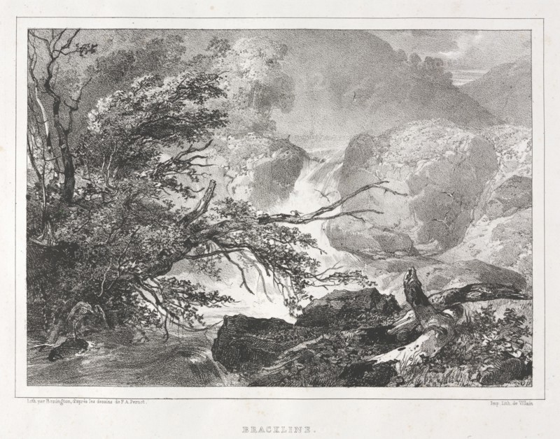 Picturesque Views of Scotland: Brackline, 1826. Richard Parkes Bonington (British, 1802-1828), after François Alexandre Pernot (French, 1793-1865). Lithograph; sheet: 25.5 x 34.2 cm (10 1/16 x 13 7/16 in.); image: 16 x 22.6 cm (6 5/16 x 8 7/8 in.); with black border: 17 x 23.7 cm (6 11/16 x 9 5/16 in.)