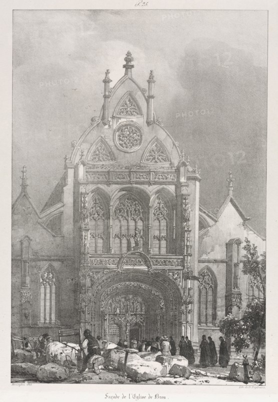 Picturesque and Romantic Trips in Old France, Franche-Compté: Front of the Church at Brou, 1825. Richard Parkes Bonington (British, 1802-1828), after François Alexandre Pernot (French, 1793-1865). Lithograph on chine collé; sheet: 51.7 x 34.2 cm (20 3/8 x 13 7/16 in.); image: 34 x 23.2 cm (13 3/8 x 9 1/8 in.)
