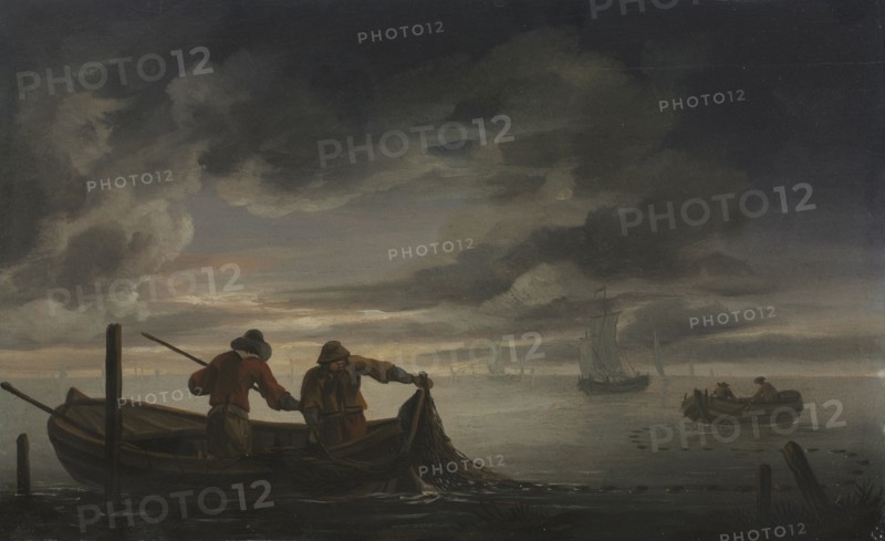An Estuary Scene with Fisherman, second quarter of 1600s. Attributed to Rafel Govertsz. Camphuysen (Dutch, 1597/98-1657). Oil on wood; framed: 24 x 33 x 3 cm (9 7/16 x 13 x 1 3/16 in.); unframed: 14.5 x 24 cm (5 11/16 x 9 7/16 in.).
